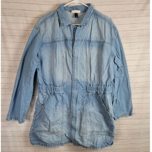 Universal Thread Long Sleeve Zip Up Light Wash Long Length Denim Jacket, sz 16